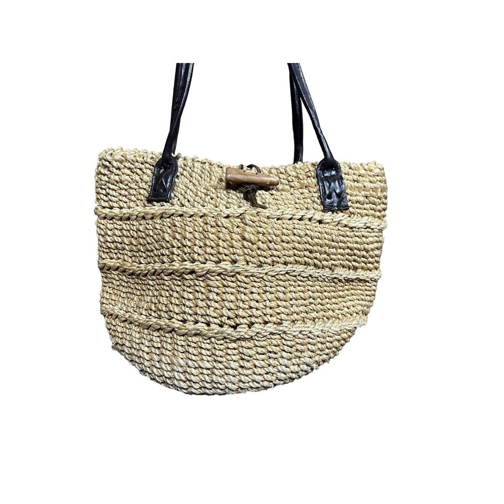 Vintage Natural Woven Sisal & Leather Farmers Market Tote Bucket Bag